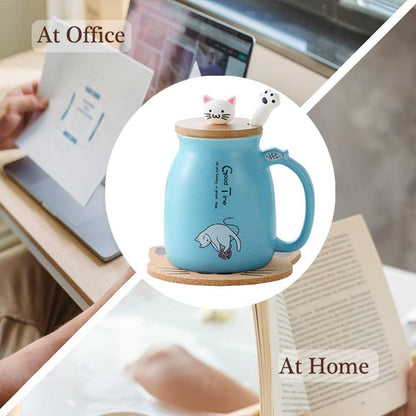 Katzen-Tasse Süße Keramik Kaffeetasse mit Deckel und Löffel 380ml Blau