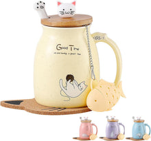 Katzen-Tasse süße Keramik Kaffeetasse mit Deckel und Löffel