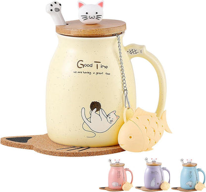 Katzen-Tasse süße Keramik Kaffeetasse mit Deckel und Löffel