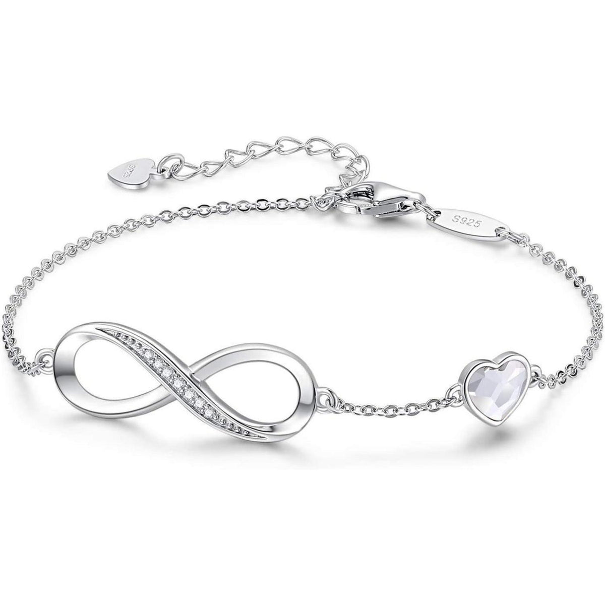 Unendlichkeitsarmband Damen 925 Sterling Silber Herz Kristall Armkette