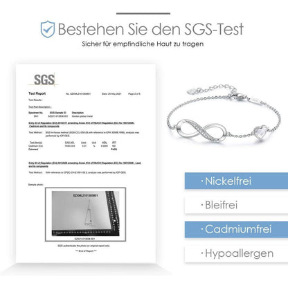 Unendlichkeitsarmband Damen 925 Sterling Silber Herz Kristall Armkette