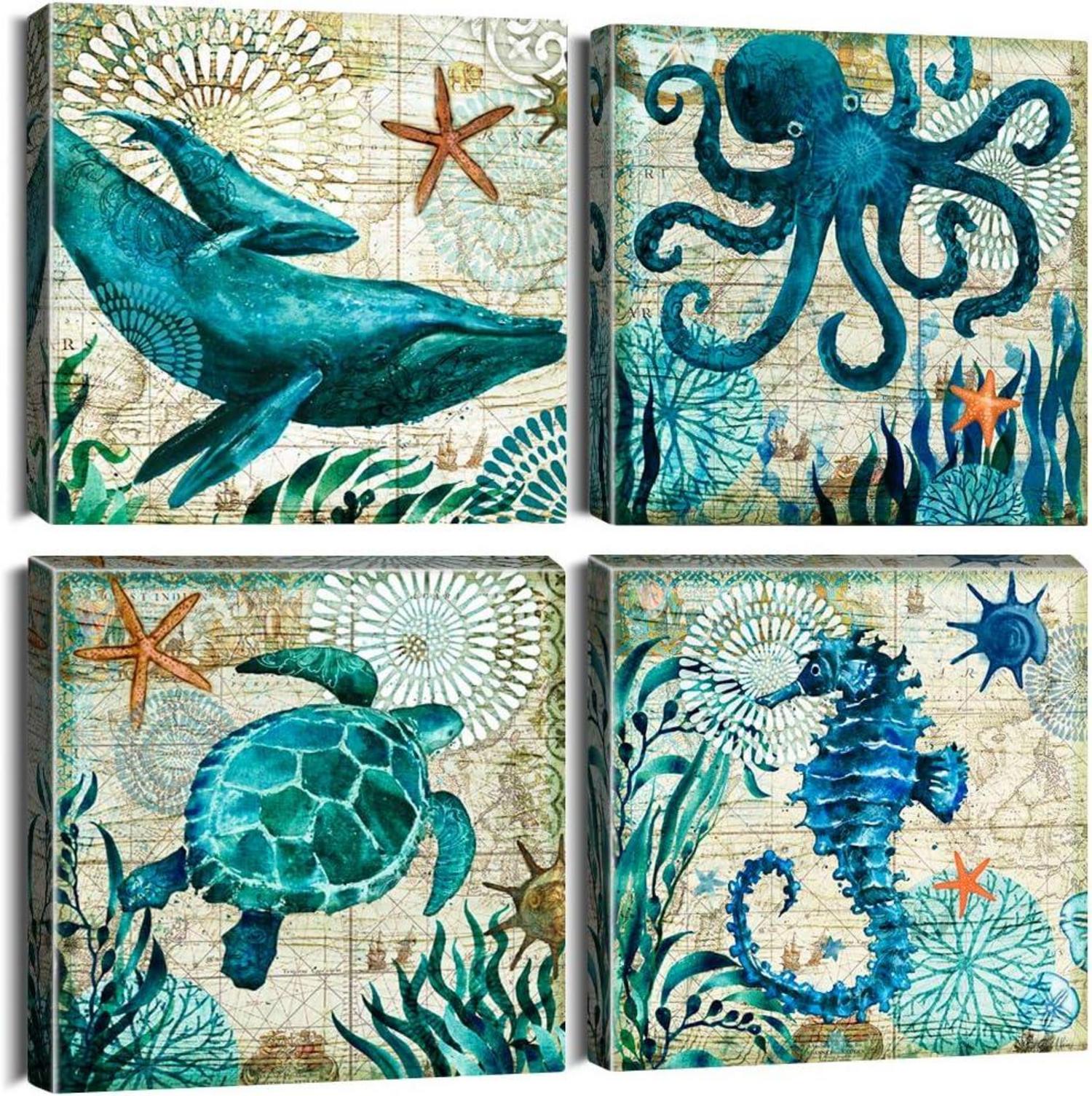 4-teiliges modernes Leinwandbild mit blauem Ozeanmotiv - 30x30cm