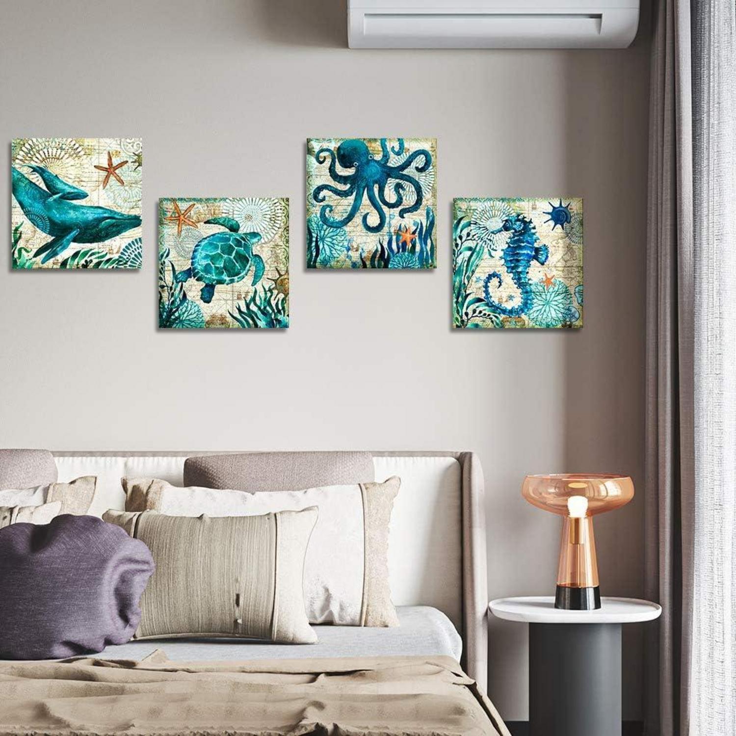 4er Set moderne Leinwandbilder Blauer Ozean Motiv Wanddekoration 30x30 cm