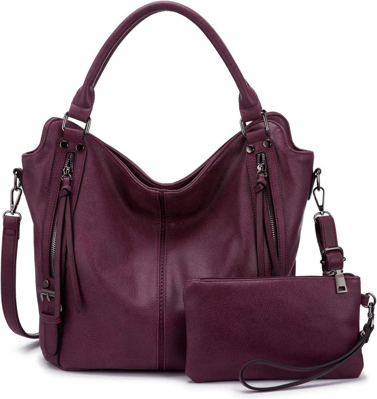 Elegante Damen Handtaschen Set Weinrot Shopper Leder Umhängetasche