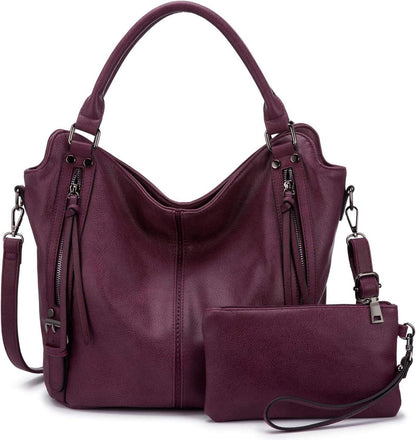 Elegante Damen Handtaschen Set Weinrot Shopper Leder Umhängetasche