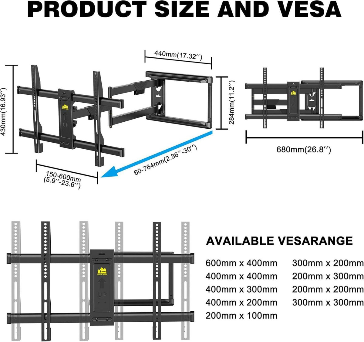 TV Wandhalterung 765mm Schwenkbar Neigbar 37-75 Zoll 45kg VESA600x400mm