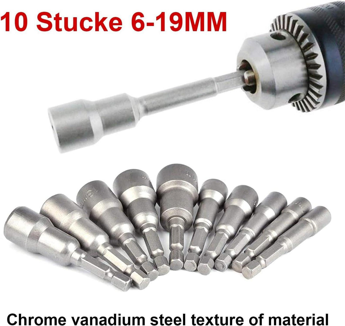 10er Set Magnete Sechskant Stecknuss 6-19mm Steckschlüssel Chrom Vanadium Stahl