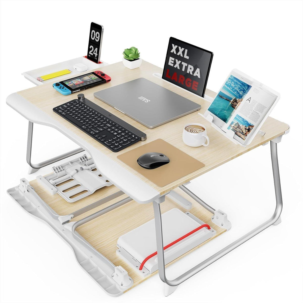 Großer Klapptisch für Laptop & Essen, 65x49cm, Teak