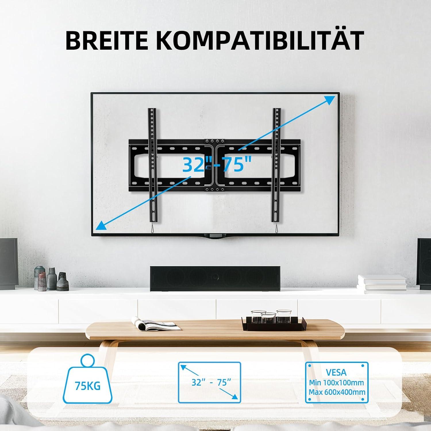TV Wandhalterung Neigbar für 32-75 Zoll Flach & Curved Fernseher bis