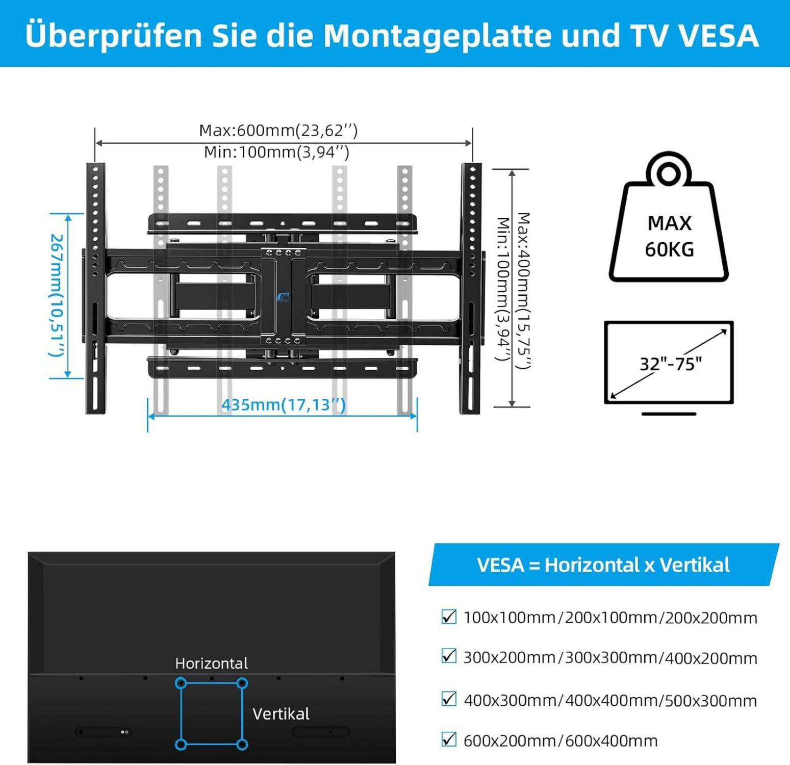 TV Wandhalterung Schwenkbar Neigbar 32-75 Zoll Max 60kg VESA 600x400mm
