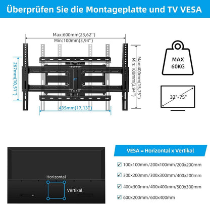 TV Wandhalterung Schwenkbar Neigbar 32-75 Zoll Max 60kg VESA 600x400mm