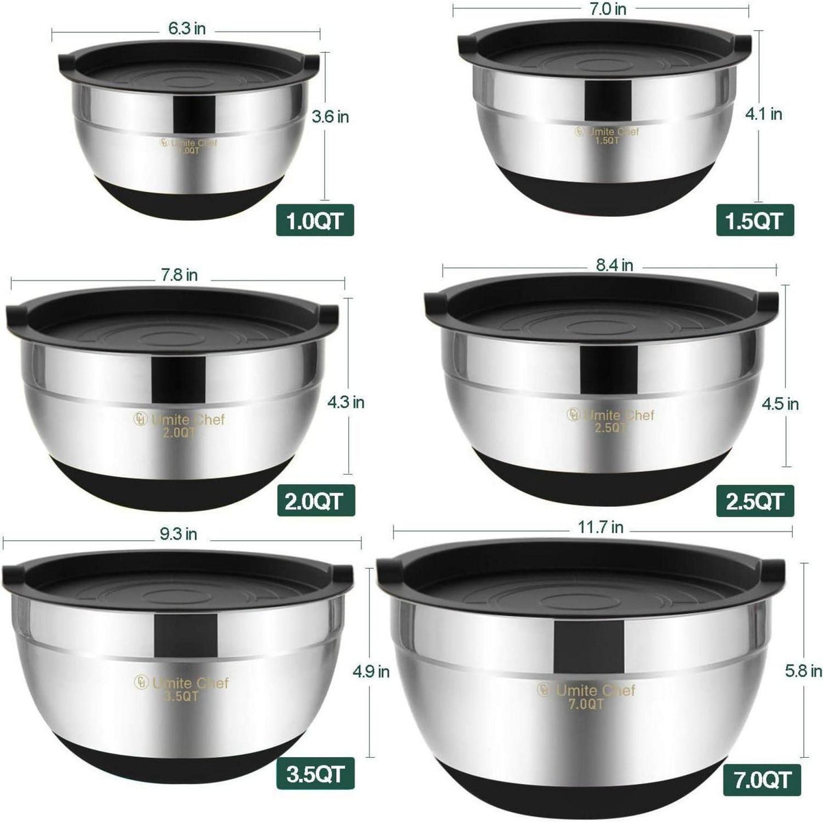 Edelstahl Rührschüsseln mit Deckel, 6er Set, rutschfest, spülmaschinenfest