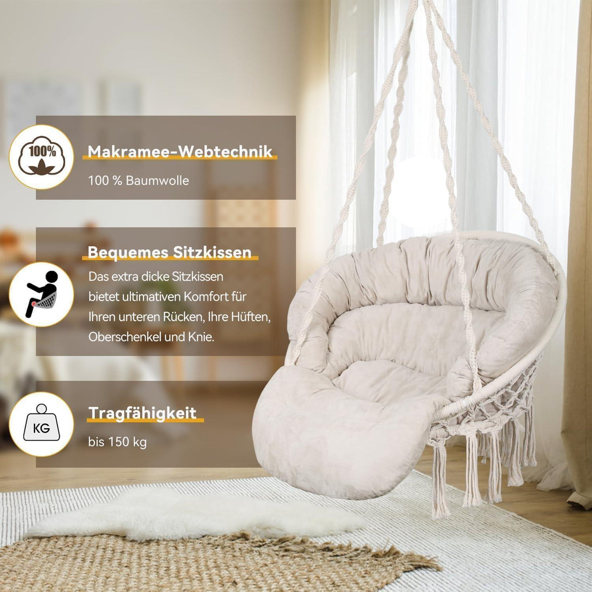 Handgefertigter Makramee Hängesessel mit Kissen – Boho Deko für Innen & Außen