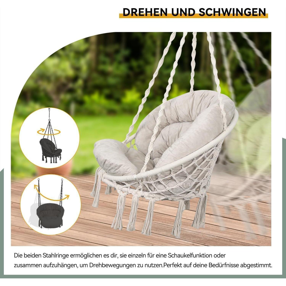 Handgefertigter Makramee Hängesessel mit Kissen – Boho Deko für Innen & Außen