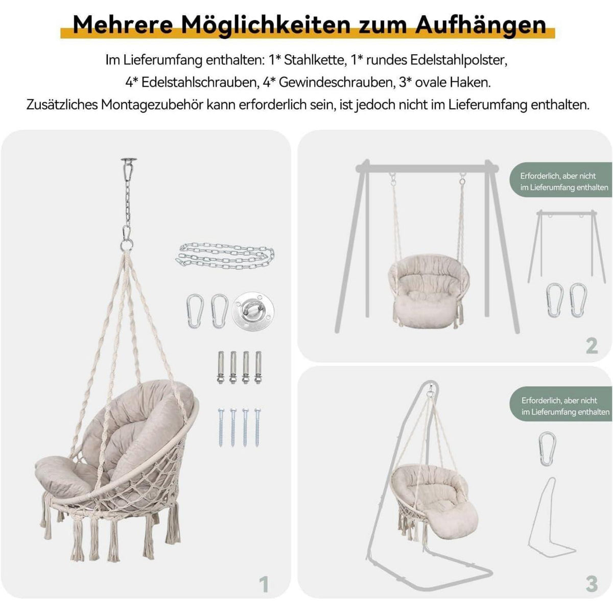 Handgefertigter Makramee Hängesessel mit Kissen – Boho Deko für Innen & Außen