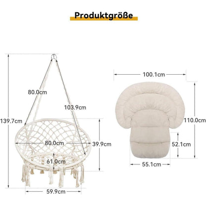 Handgefertigter Makramee Hängesessel mit Kissen – Boho Deko für Innen & Außen