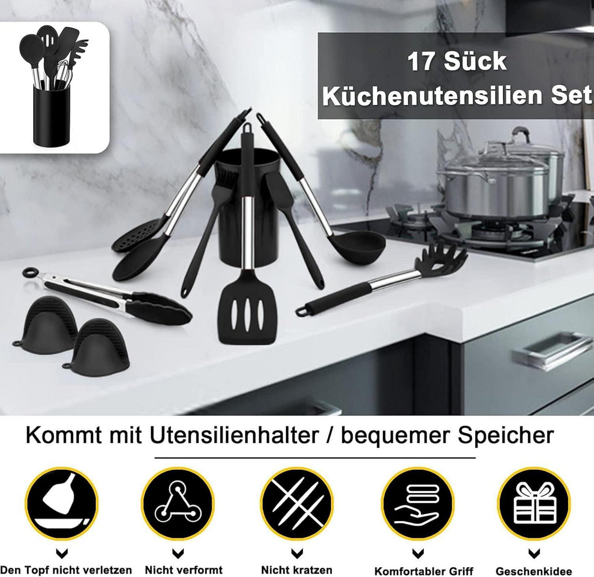 Küchenhelfer Set Silikon Kochutensilien Antihaft Edelstahl Schwarz