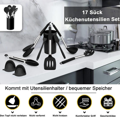 Küchenhelfer Set Silikon Kochutensilien Antihaft Edelstahl Schwarz