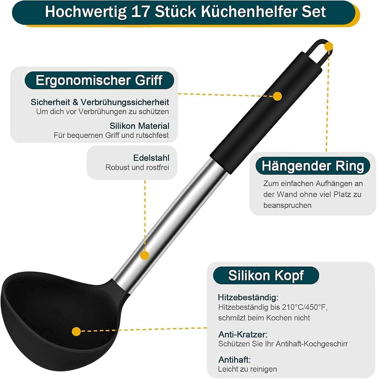 Küchenhelfer Set 17-teilig Silikon Kochutensilien Edelstahlgriff Schwarz