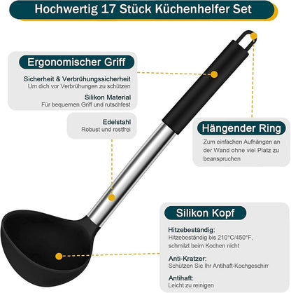 Küchenhelfer Set 17-teilig Silikon Kochutensilien Edelstahlgriff Schwarz