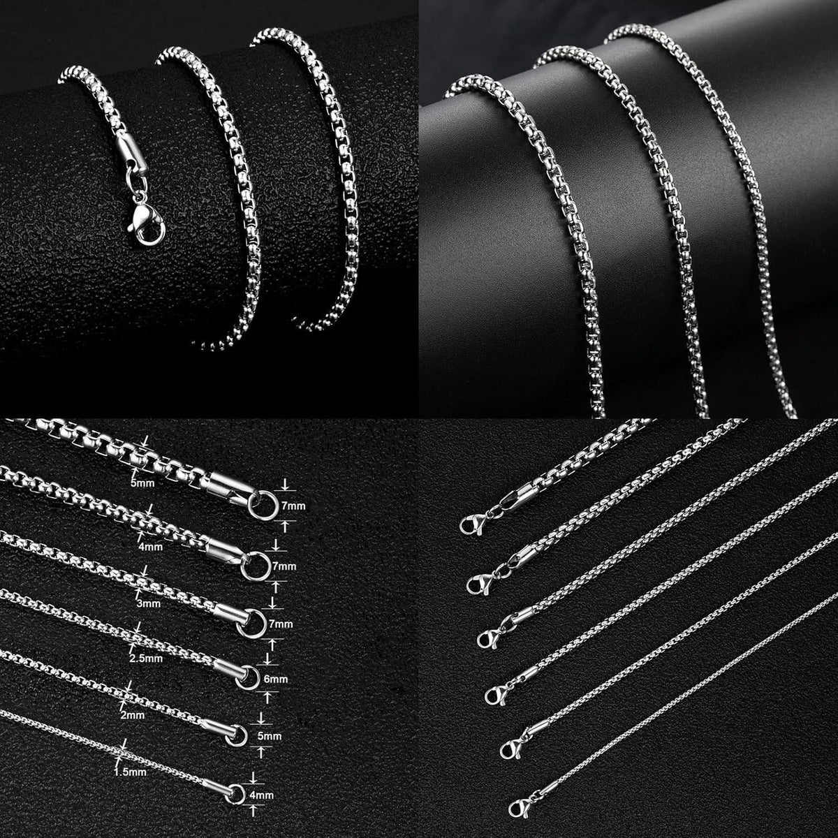 Edelstahl Seilkettenhalskette für Damen und Herren, 1,5-5,0 mm Breite, 45-80 cm Länge