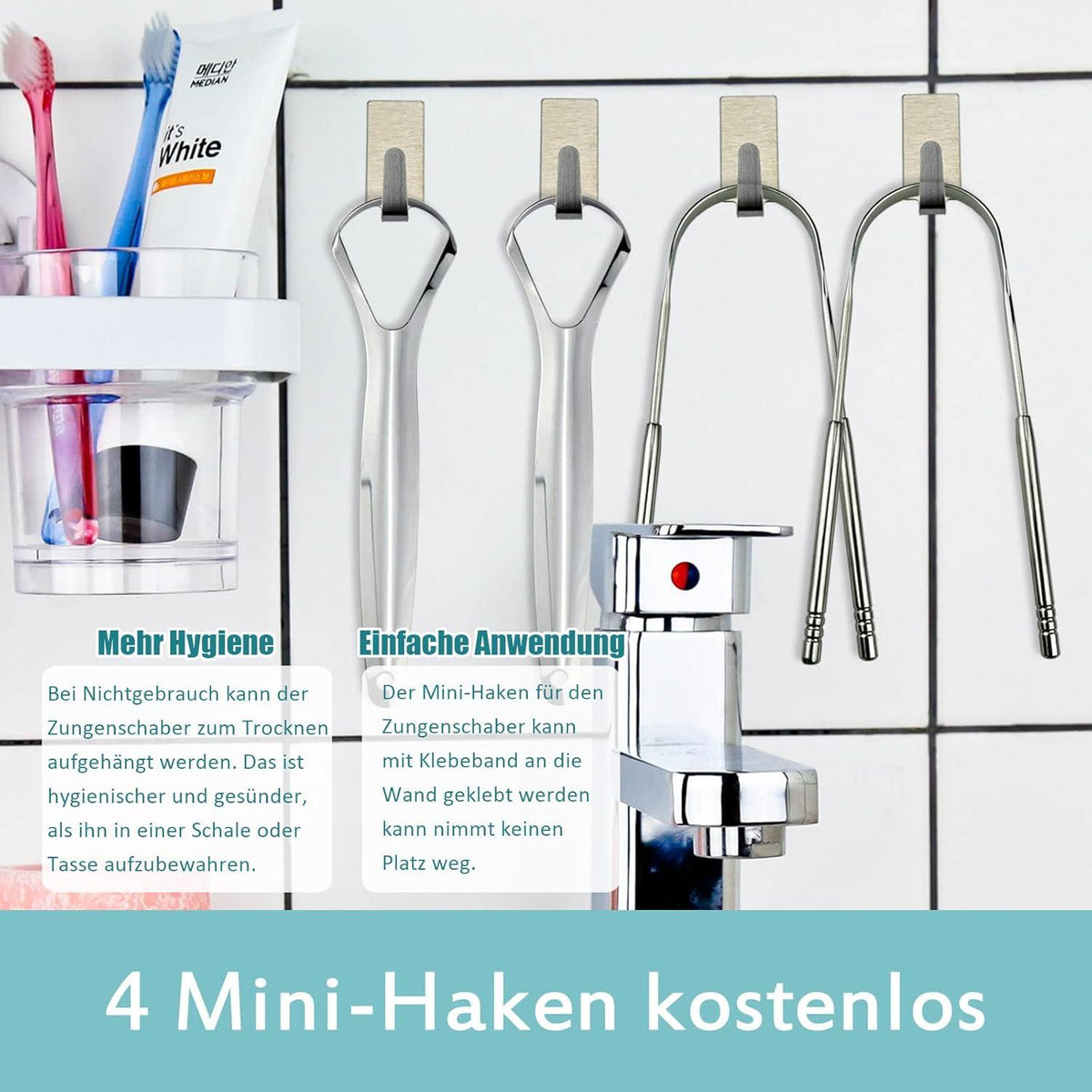 Zungenreiniger Edelstahl 4 Stück Mini-Haken Mundgeruch