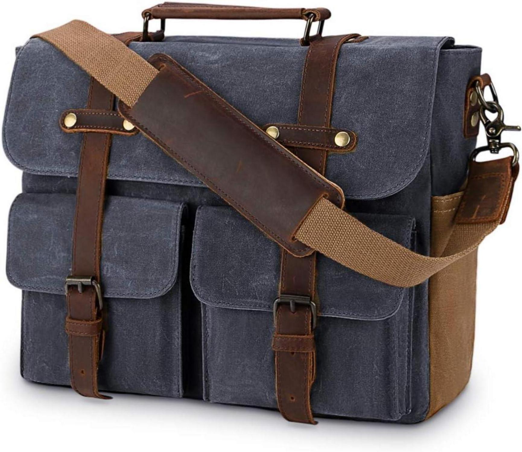 Herren Aktentasche Umhängetasche Leder Canvas Laptoptasche 15,6 Zoll