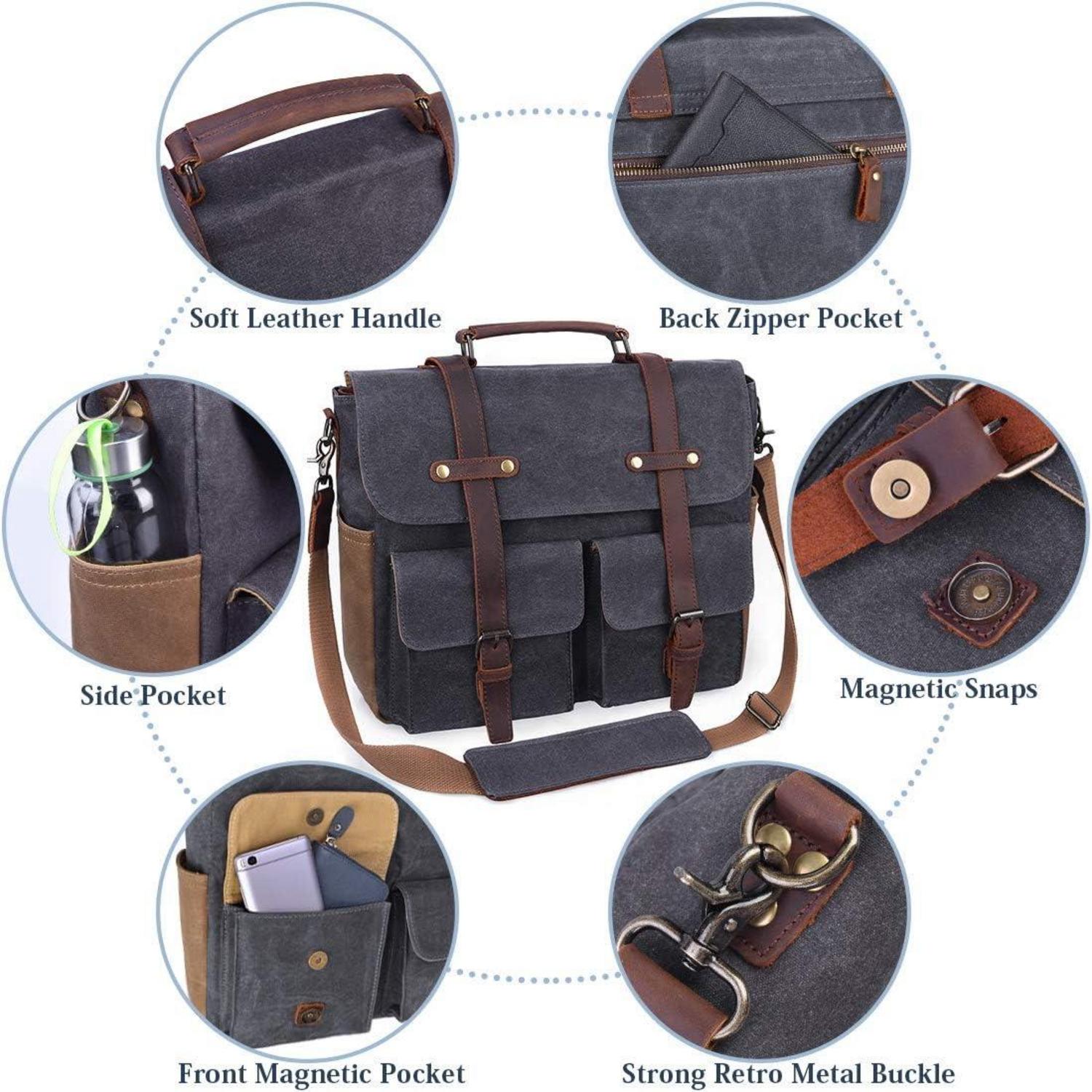 NUBILY Aktentasche Herren Umhängetasche Leder Canvas 15,6 Zoll Laptop