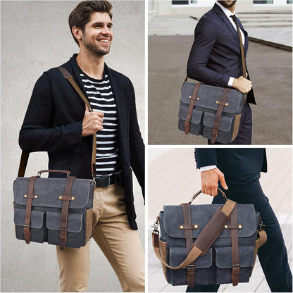 Herren Aktentasche Umhängetasche Leder Canvas Laptoptasche 15,6 Zoll