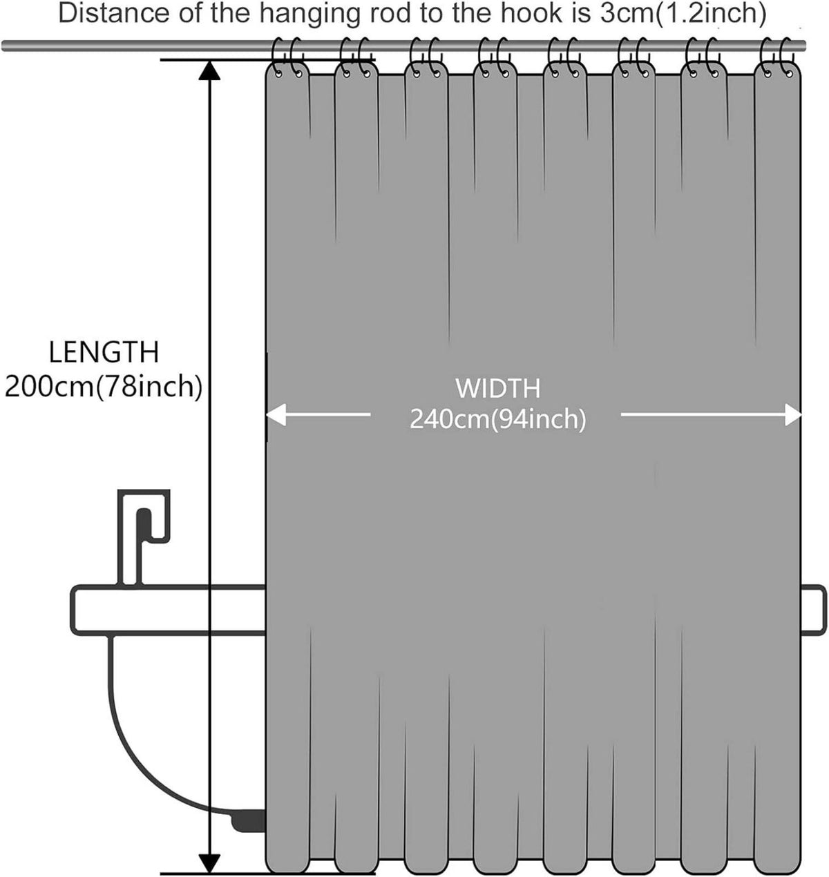 Duschvorhang Überlänge Anti-schimmel Weiß Dunkelblau 240x200cm