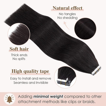 Echthaar Tape Extensions Schwarz 55 cm - 40 Stück Remy