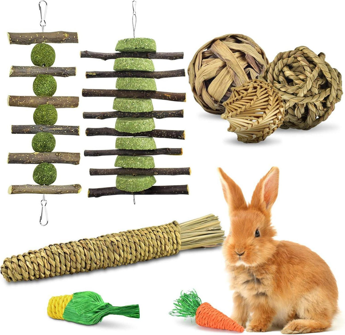 8-teiliges Kaninchen Spielzeug Set für Kleintiere - Natürliche Kauspielzeuge