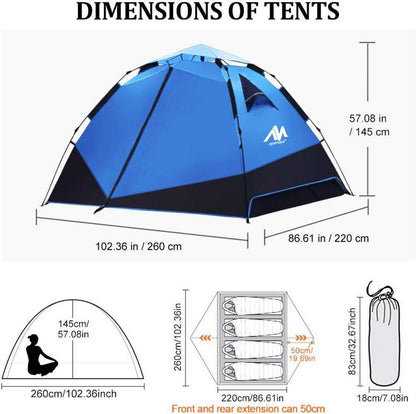 Zelt 3-4 Personen Wasserdicht Campingzelt Quick-Up-System Blau