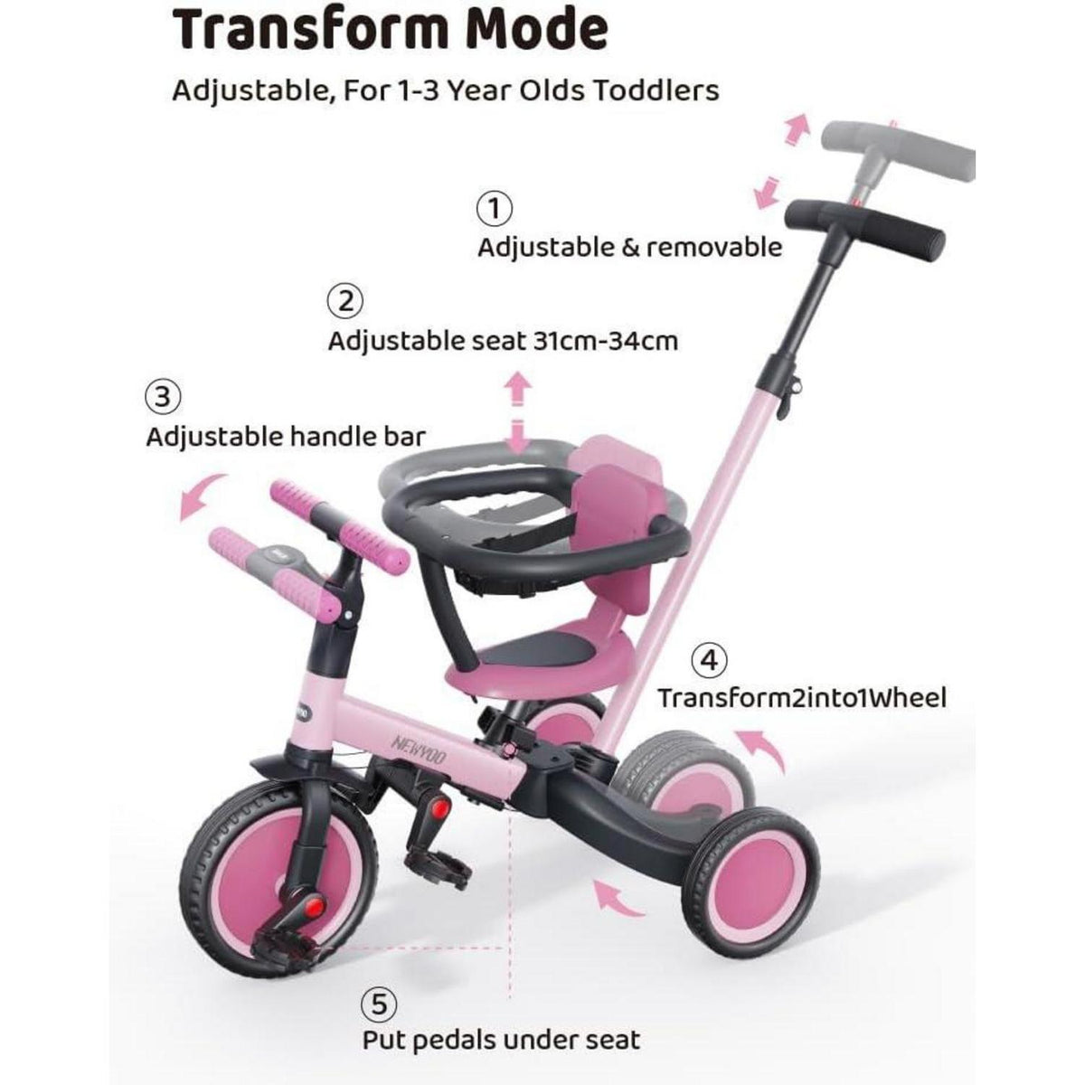5-in-1 Laufrad & Dreirad für Kinder ab 1 Jahr, Rose Pink