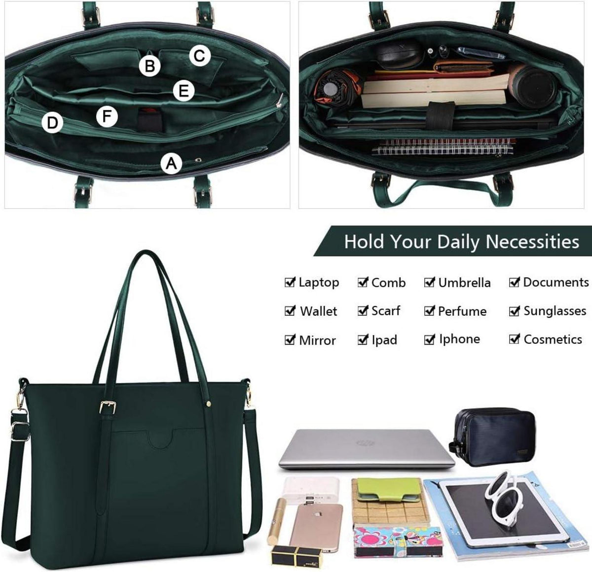 Elegante PU-Leder Laptop Handtasche Damen Schwarz 15.6 Zoll