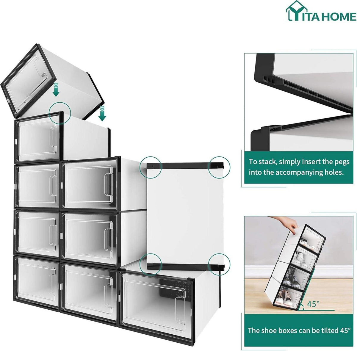 YITAHOME Schuhboxen 12er Set stapelbar weiß schwarz Größe 46 Transparent Tür