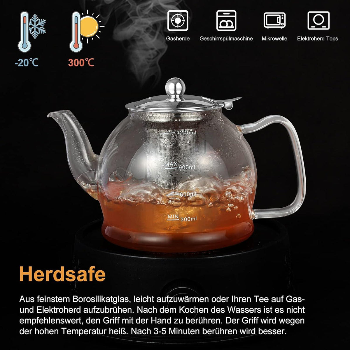 Glasteekanne 1200ML mit Siebeinsatz aus Borosilikatglas