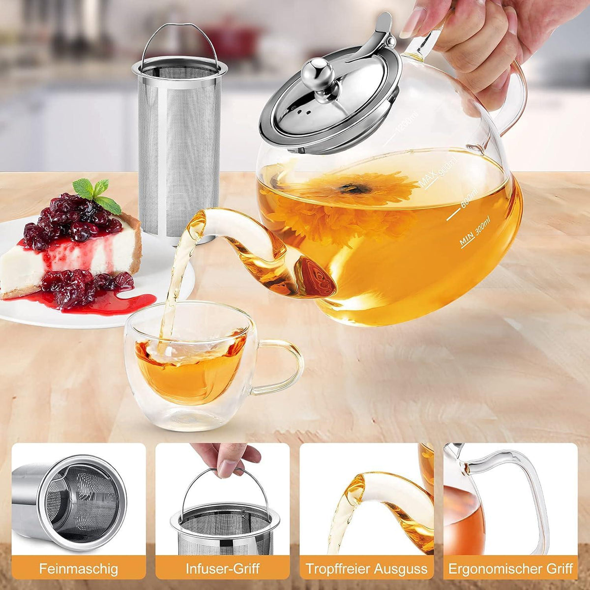 Teekanne Glas 1200ML mit Siebeinsatz Borosilikatglas Tee-Ei Spülmaschinenfest