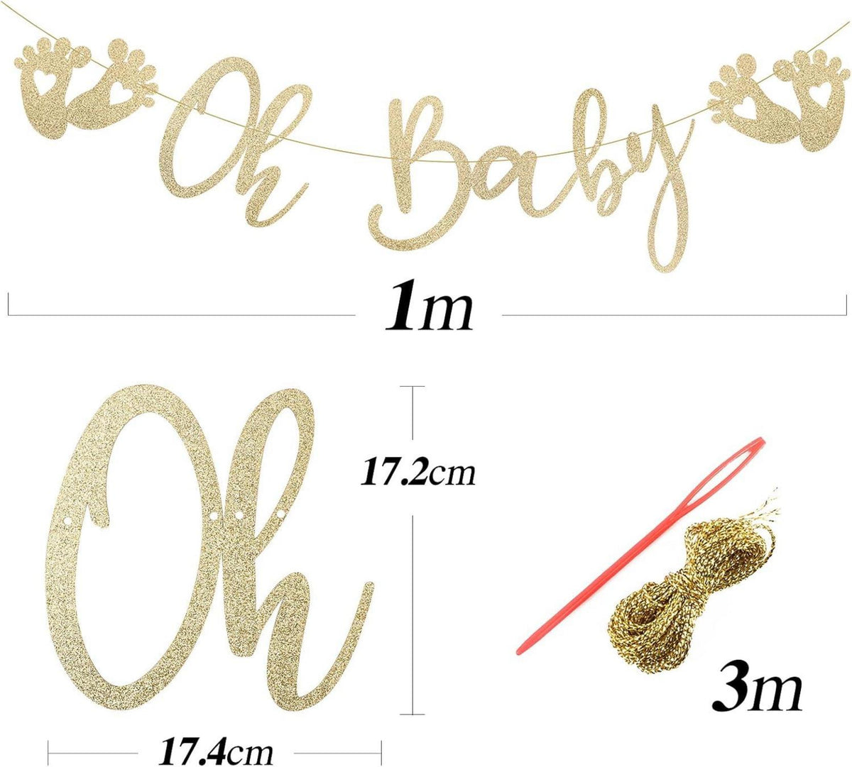 Glitzer Gold Baby Girlande für Baby Shower Deko, 3m Papier
