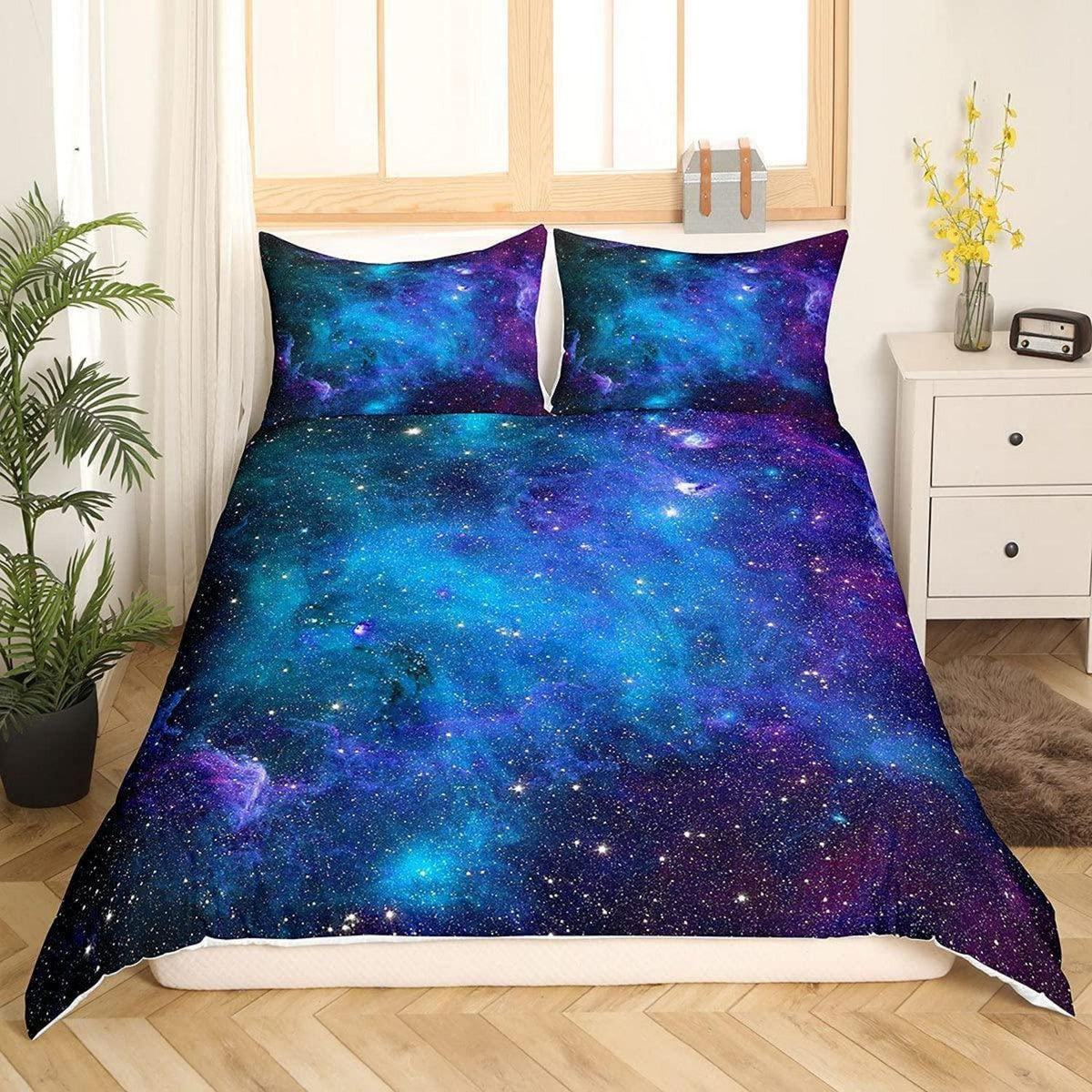 Galaxie Bettwäsche Set Sternenhimmel Blau Lila 220x240 cm