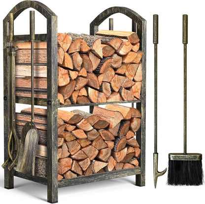 Kaminholzregal mit Kaminwerkzeug 74x40x30cm - Innen/Außen - Schwarz