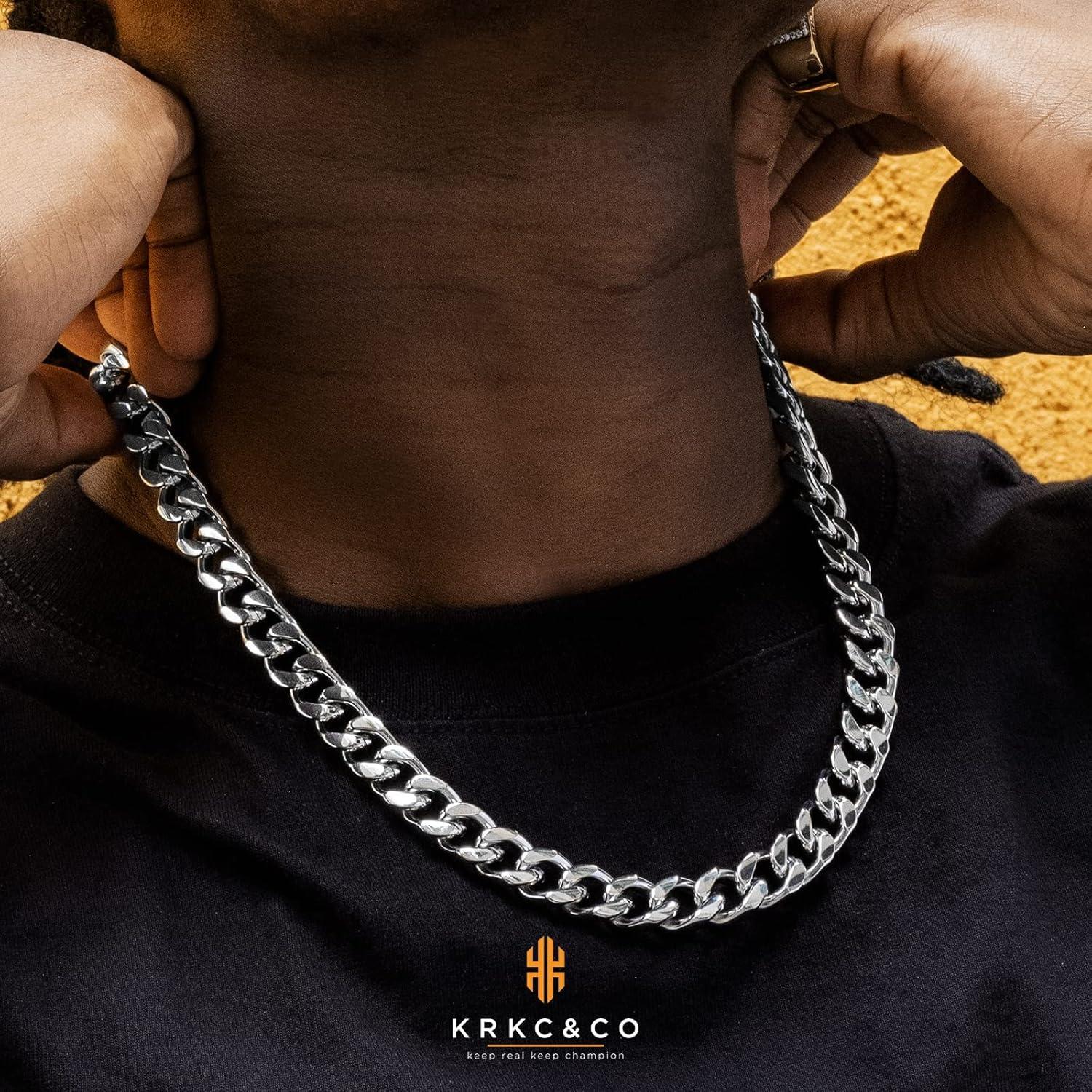 KRKC&CO Herren Panzerkette 12mm Gold Cuban Link Chain Hip Hop Kette 55.9cm Silber