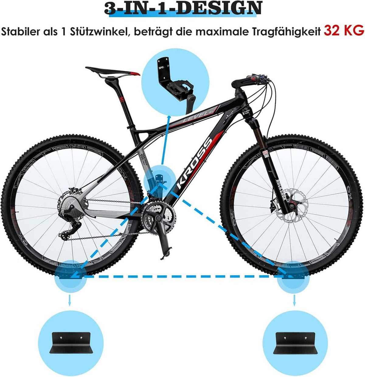 Fahrrad Wandhalterung 3-in-1 mit Stützwinkel und Schutzpads