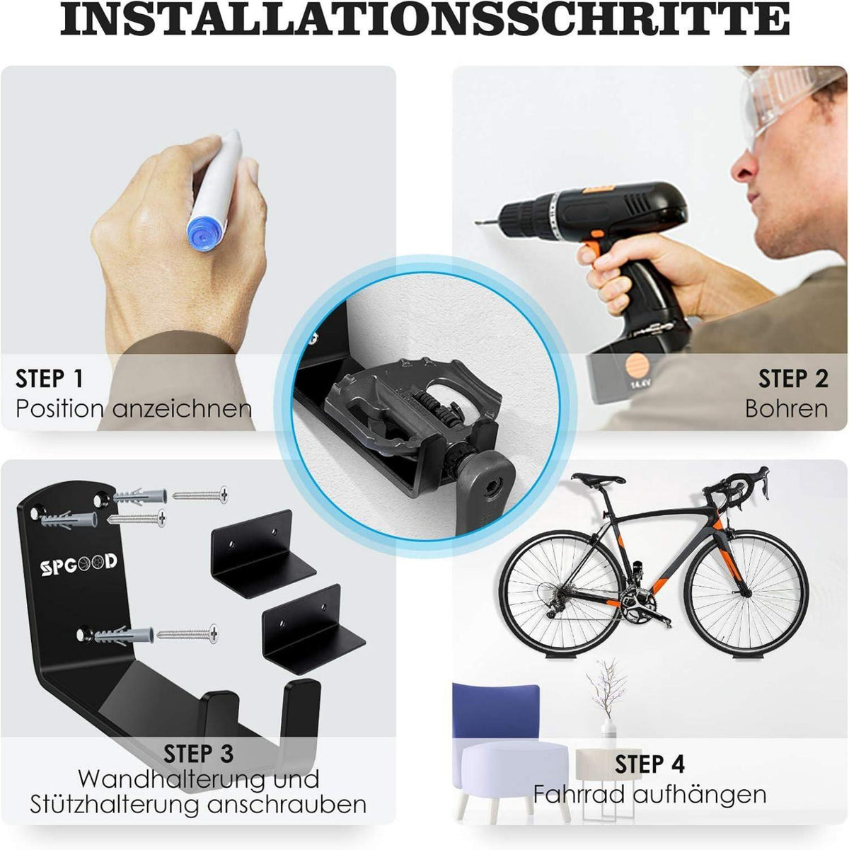 Wandhalterung Fahrrad 3 in 1 Aufhängung Stützwinkel Chutzpads 32KG