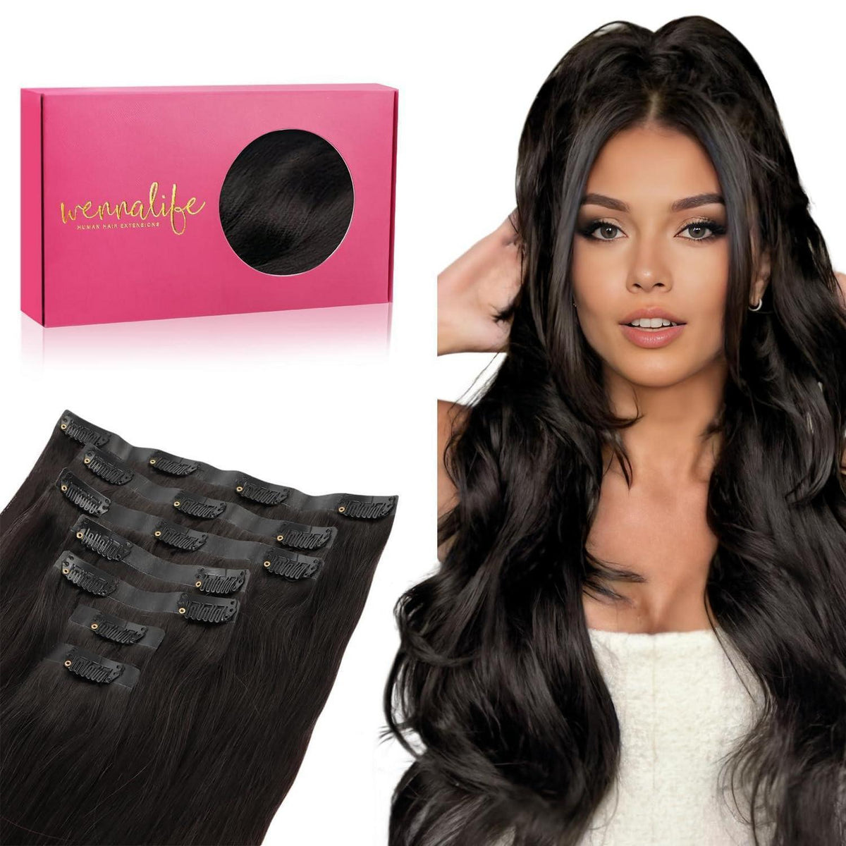 Echthaar Clip-In Extensions Schwarz 35cm - 130g