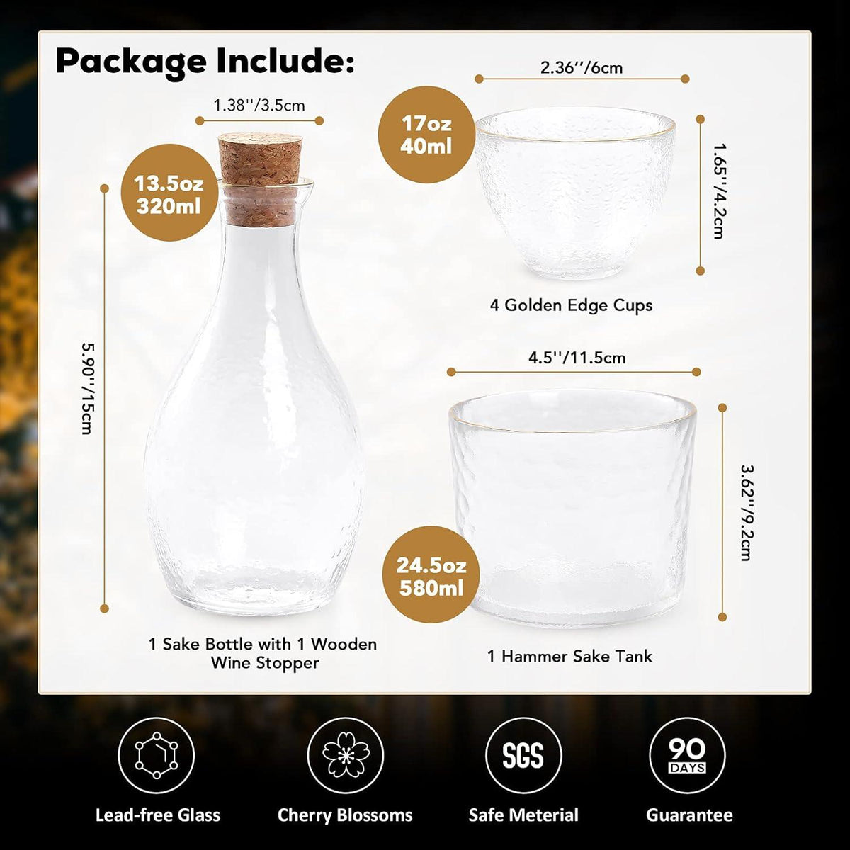 Japanisches Sake-Set 4 Personen Glashammermuster Gold 6tlg