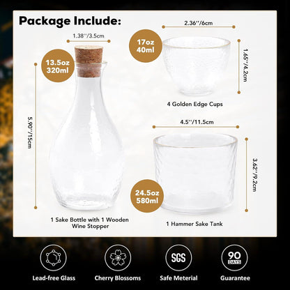 Japanisches Sake-Set 4 Personen Glashammermuster Gold 6tlg