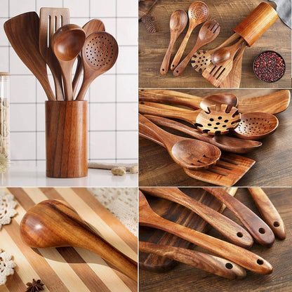 Holz-Kochutensilien-Set Teakholz 7-teilig Küchenhelfer Küchenutensilien
