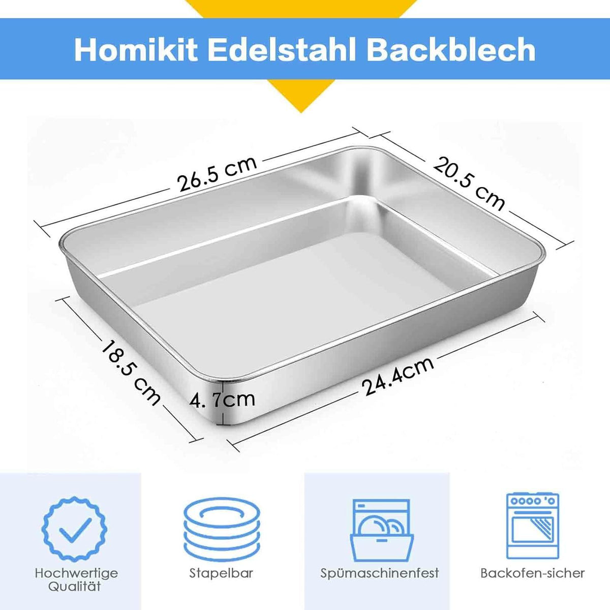 Homikit Edelstahl Backblech Rechteckig, 26,5 x 20,5 x 4,7