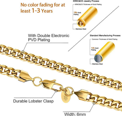 KRKC&CO Panzerkette Herren Edelstahl 6mm Gold Vergoldet Cuban Link Chain 66cm